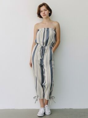 L.A. Hearts Small Blue Ivory Linen Blend Small Striped Strapless Romper